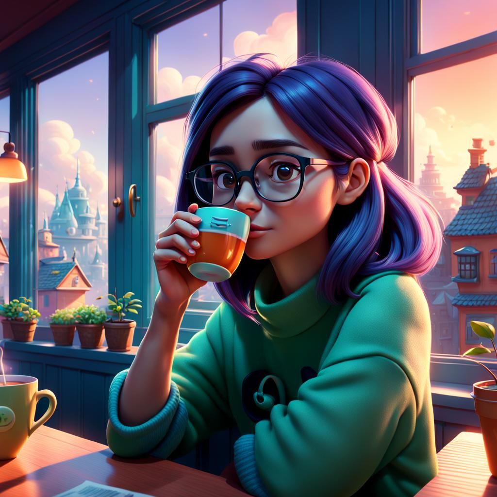 Girl with Glasses Drinking Tea: Pixar-Style 3D Art
