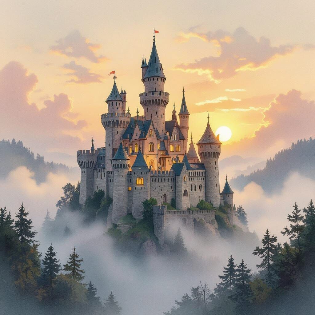 Enchanted Castle at Dawn in Watercolor Style