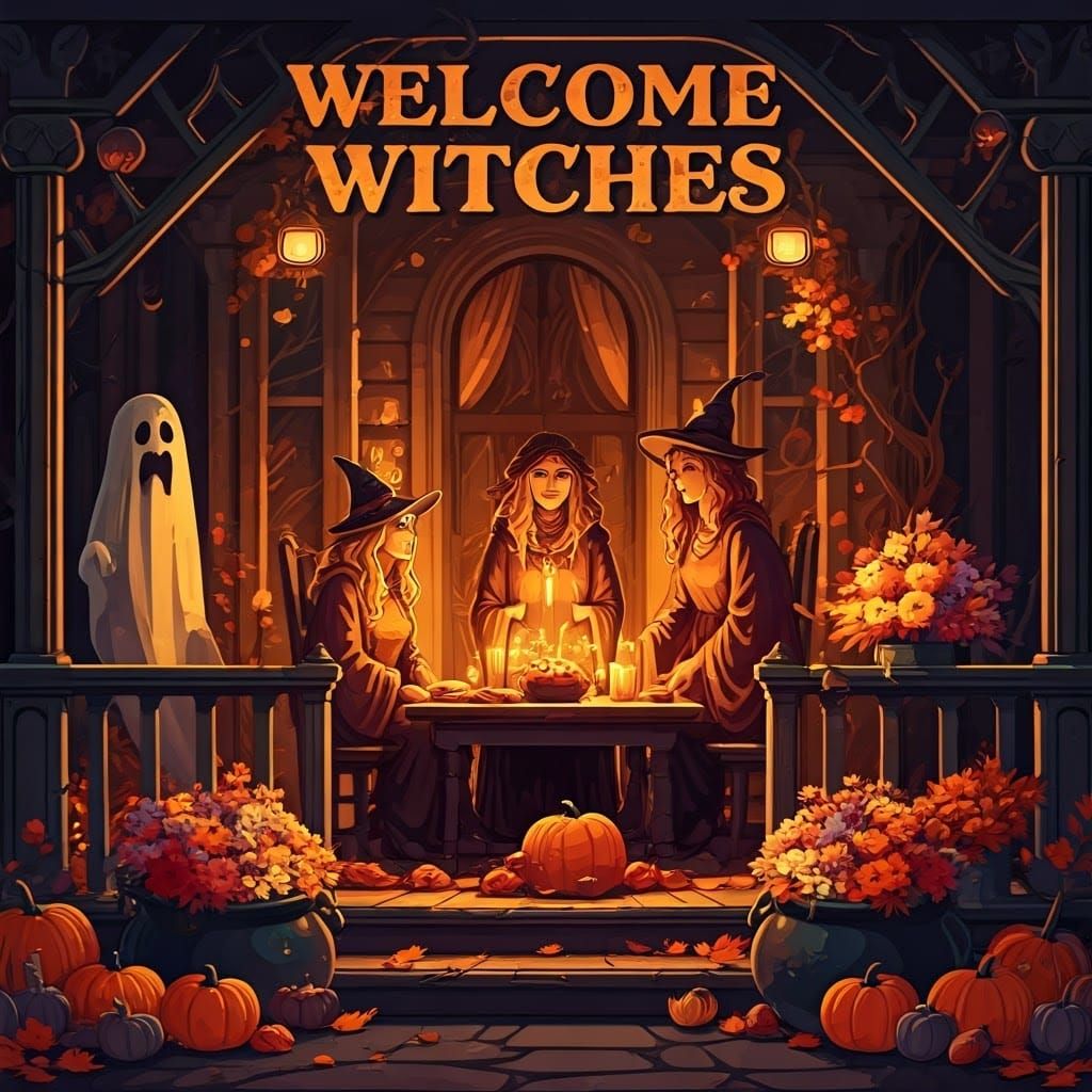 Witches' Gathering at Haunted House in Vector Art Style
