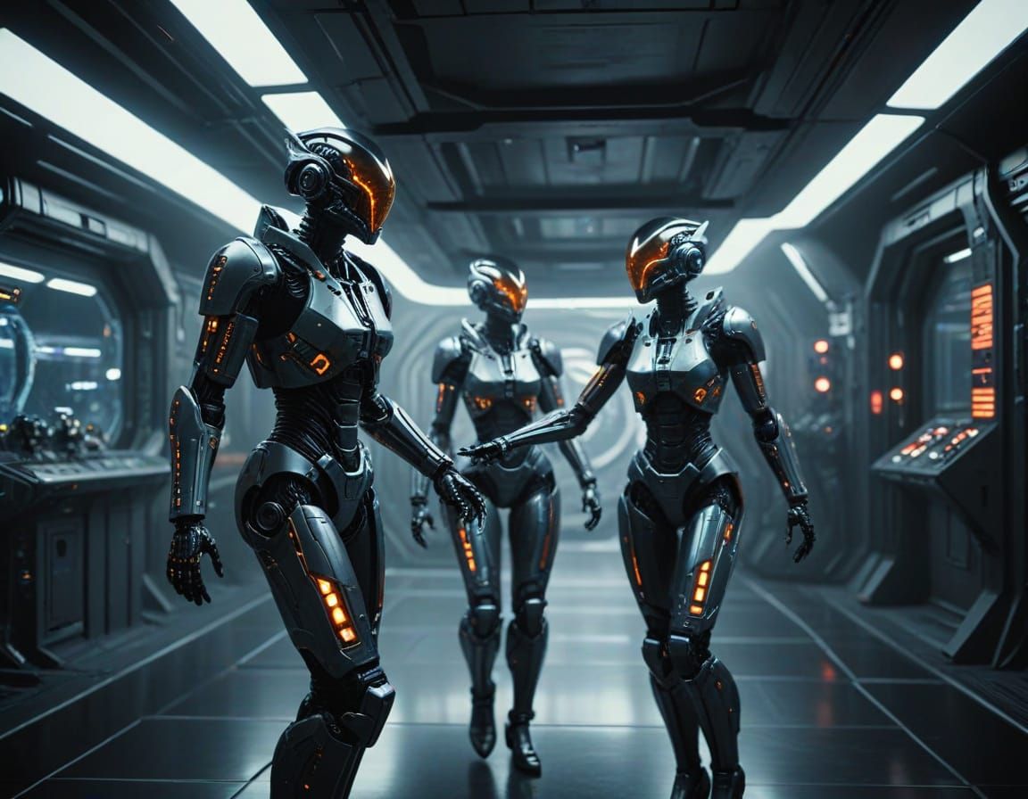 Cyborgs Dancing a Futuristic Waltz in a Cosmic Space Station