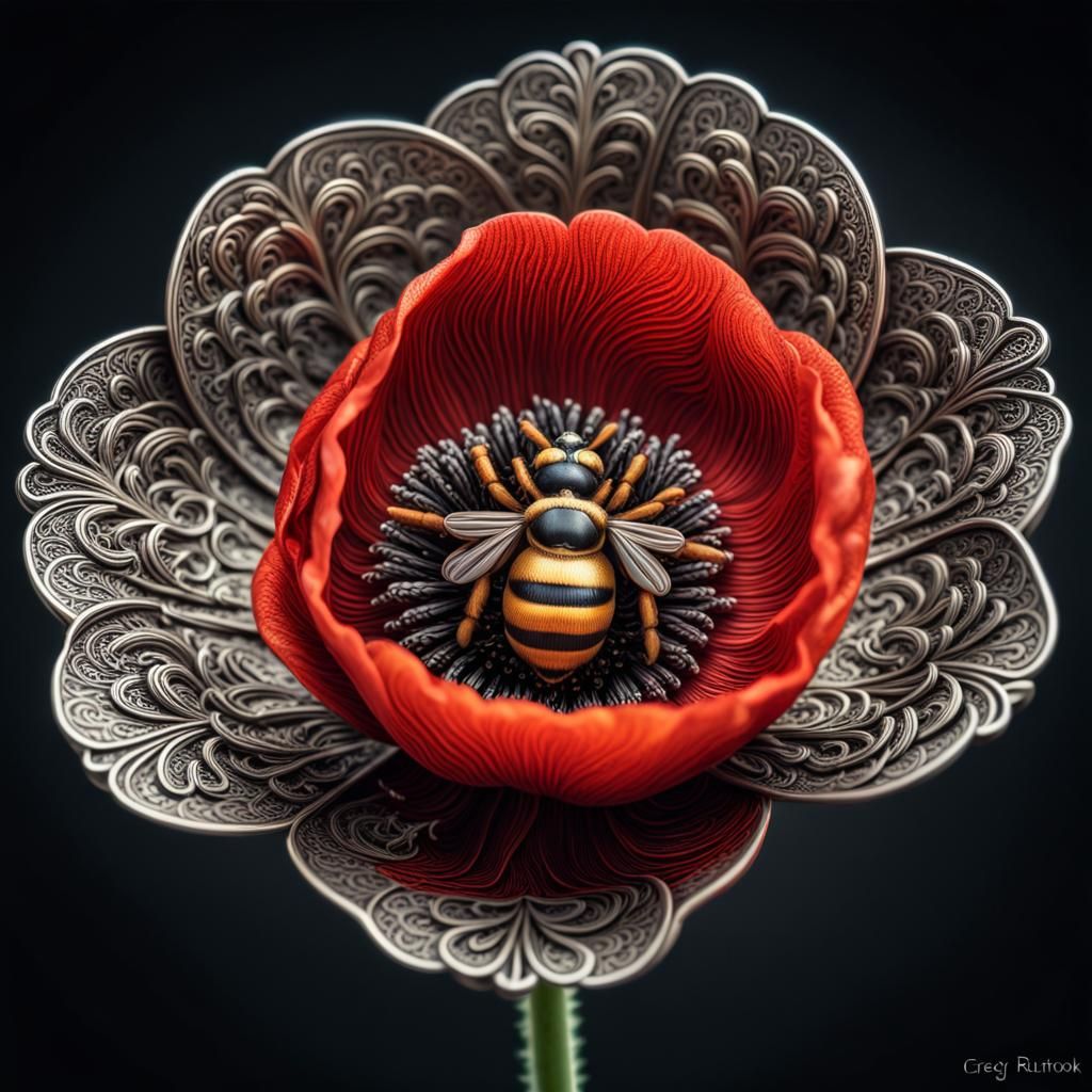 Ornate Metal Poppy Flower, Detailed Studio Photo