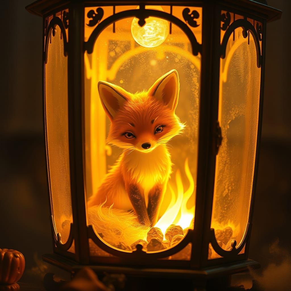 Fiery Fox in Victorian Lantern, Dreamlike Illustration