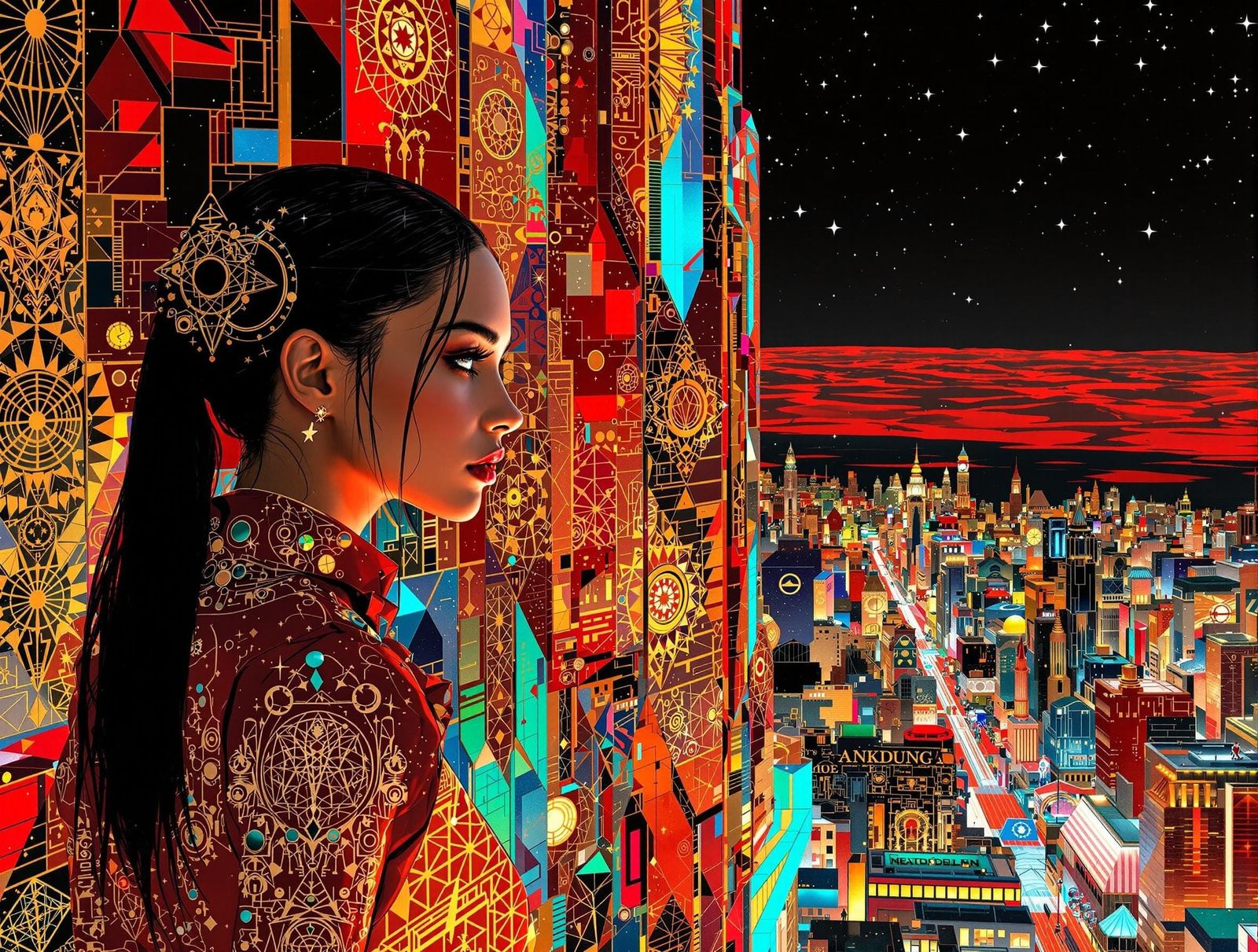 Gustav Klimt-Inspired Futuristic Cityscape with Young Woman