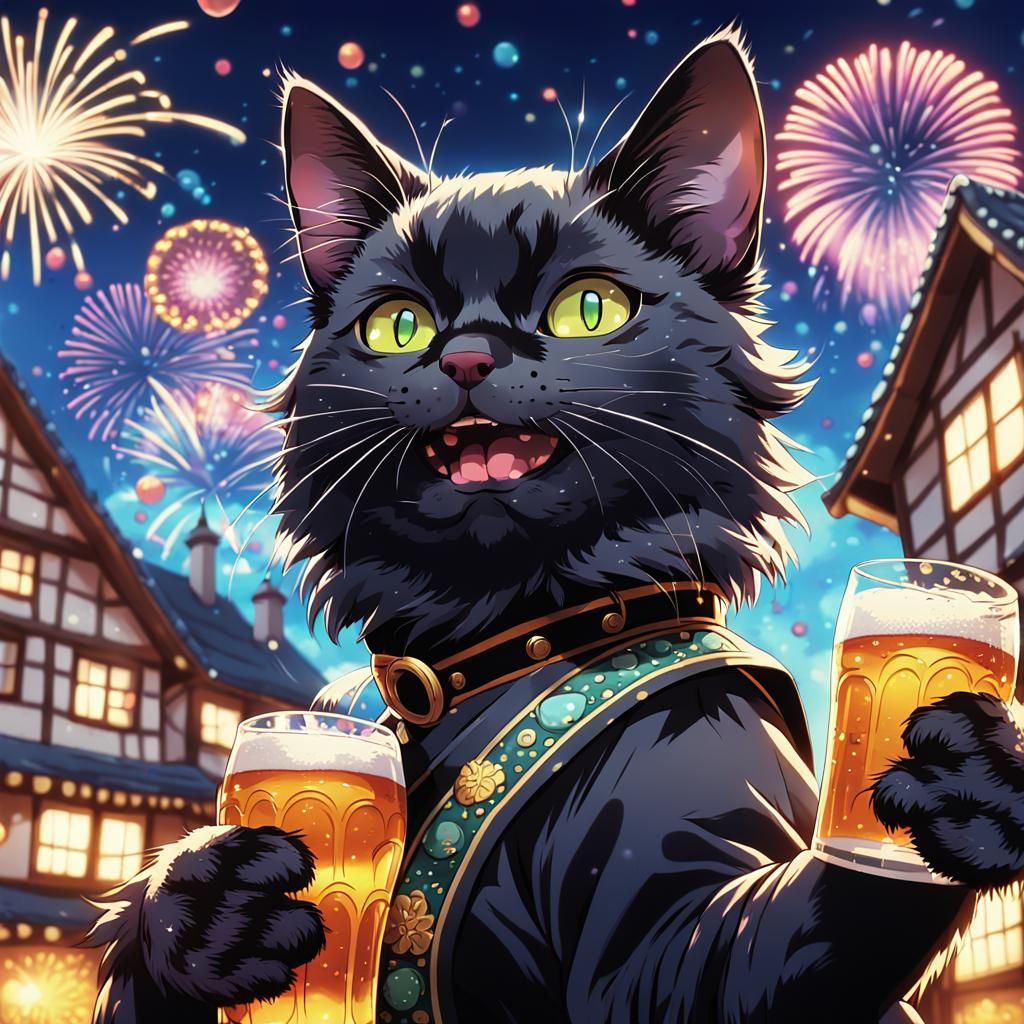Anime Black Cat in German Costume with Beer
