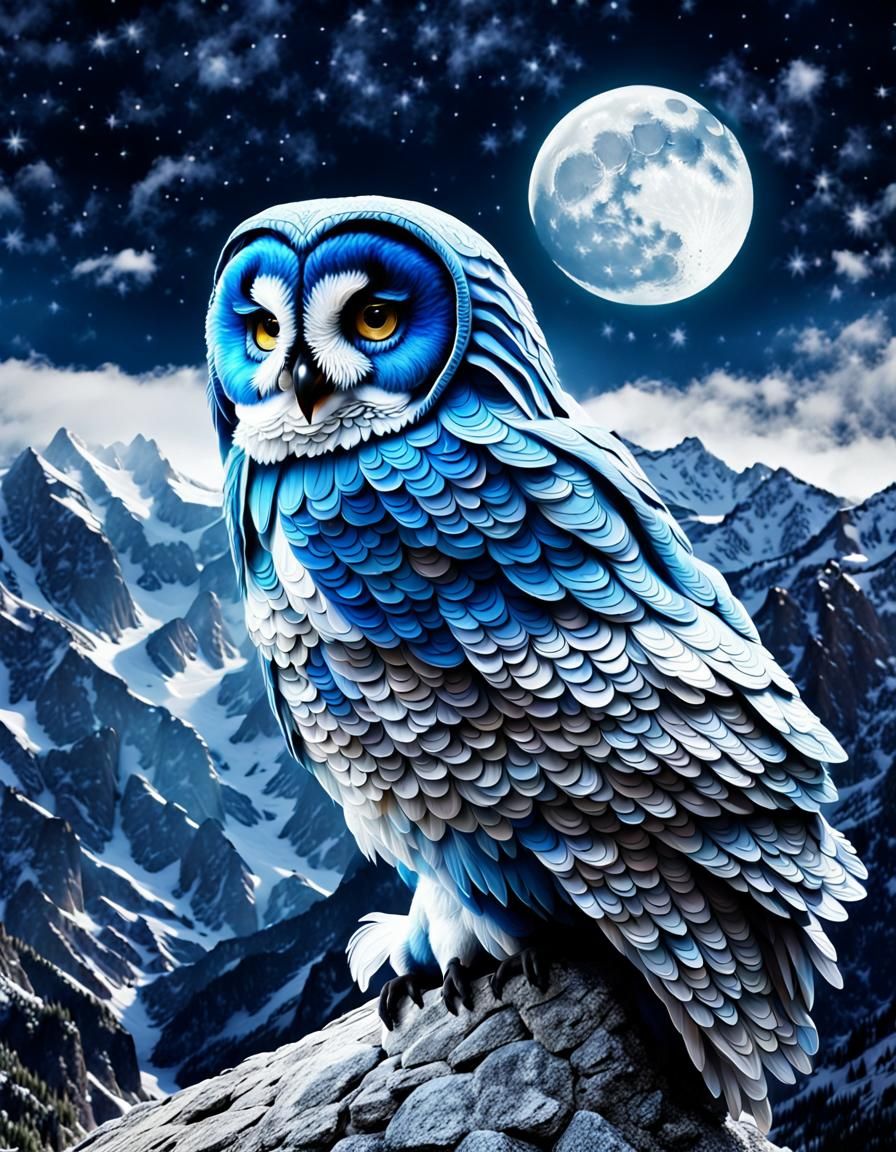 Dreaming Blue Owl on Moonlit Mountains