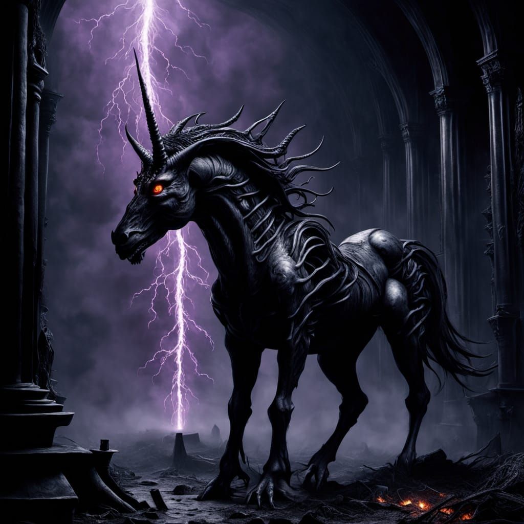 Dark Fantasy Black Unicorn Impaling People