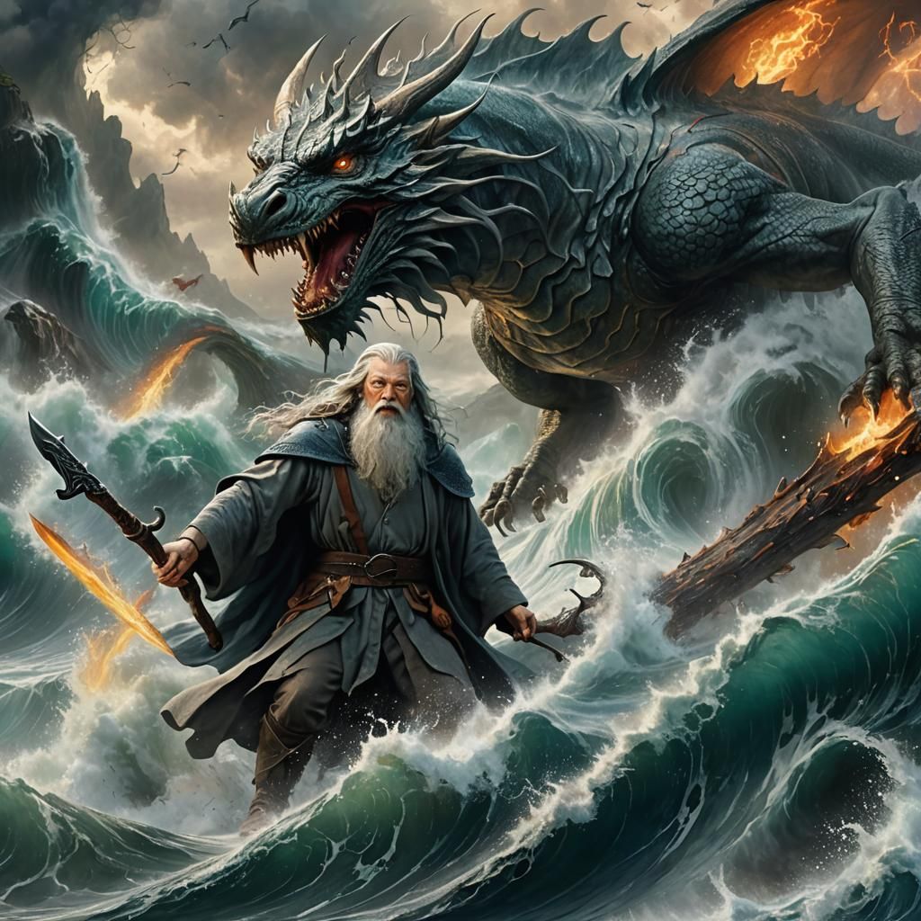 Gandalf Battles Water Dragon: Epic Fantasy Oil Painting