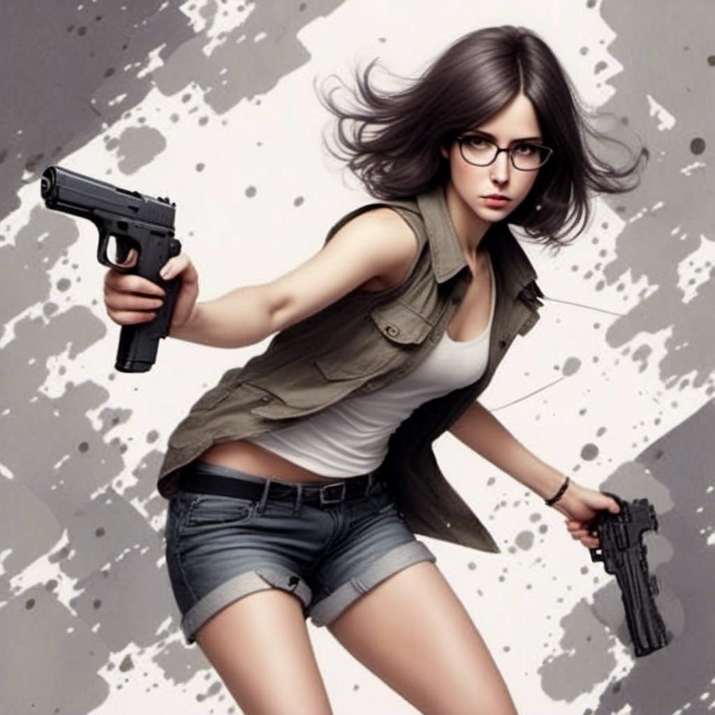 Action Hero Aiming Gun in Abstract Style