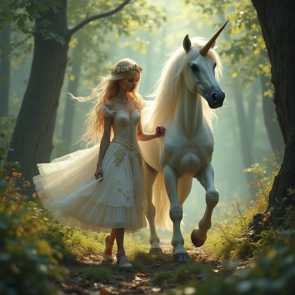 Fairy and Unicorn in Enchanted Forest
