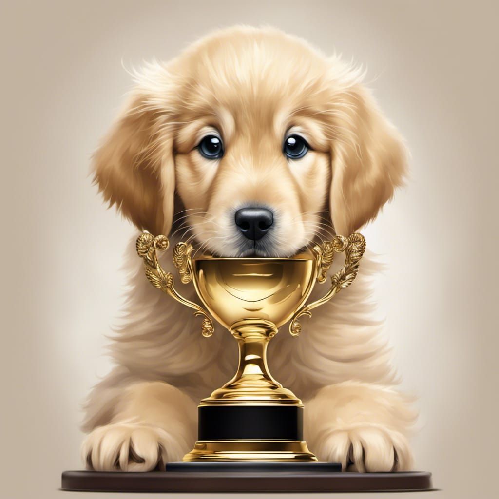 golden puppy presenting snowy @legacy23 her trophy for toy shop window Daily Winner