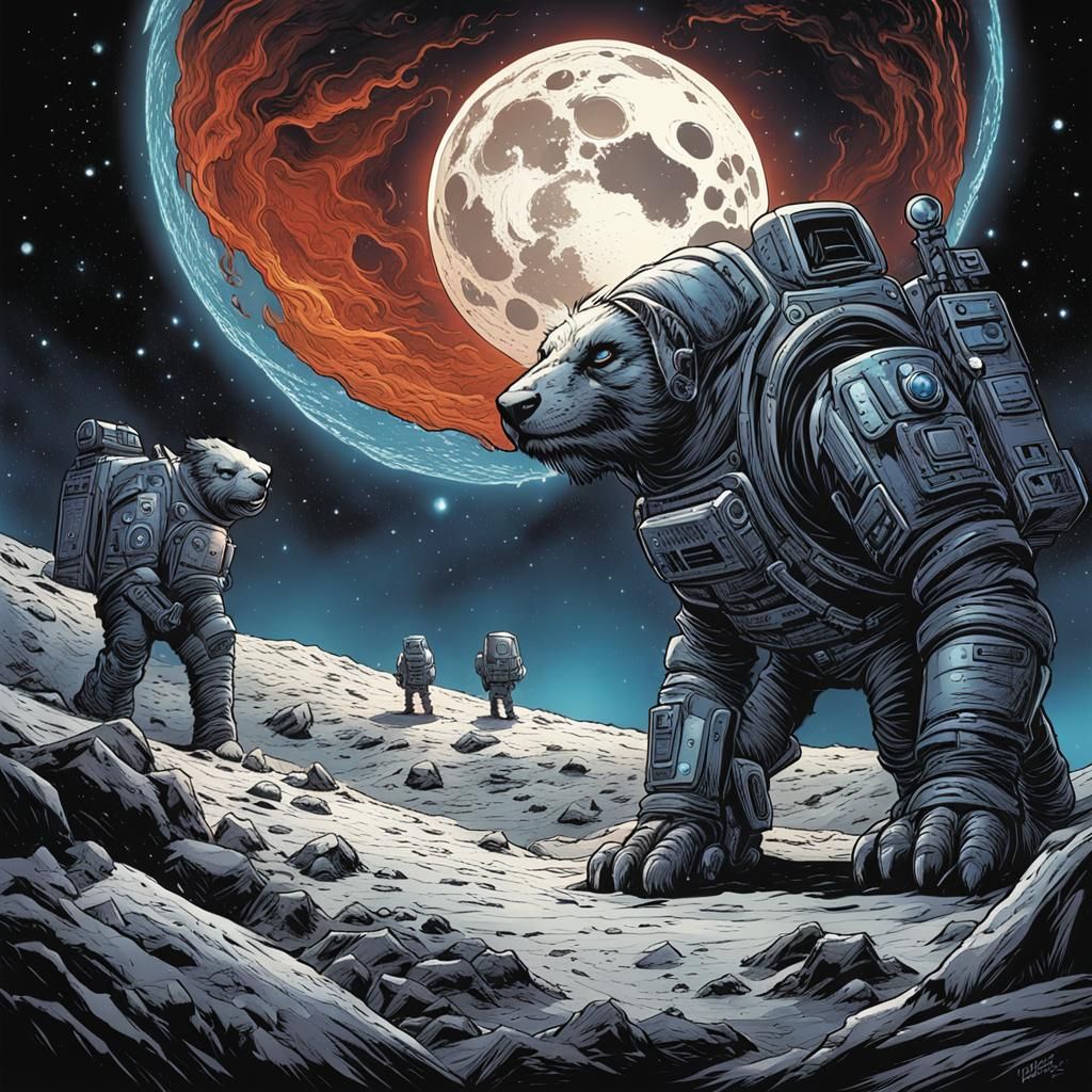 Beasts on Moon in Comic Book Style