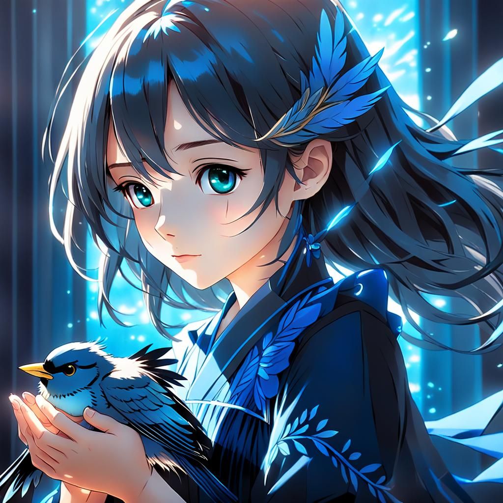 Anime Portrait: Girl with Sparrow in Pastel Colors