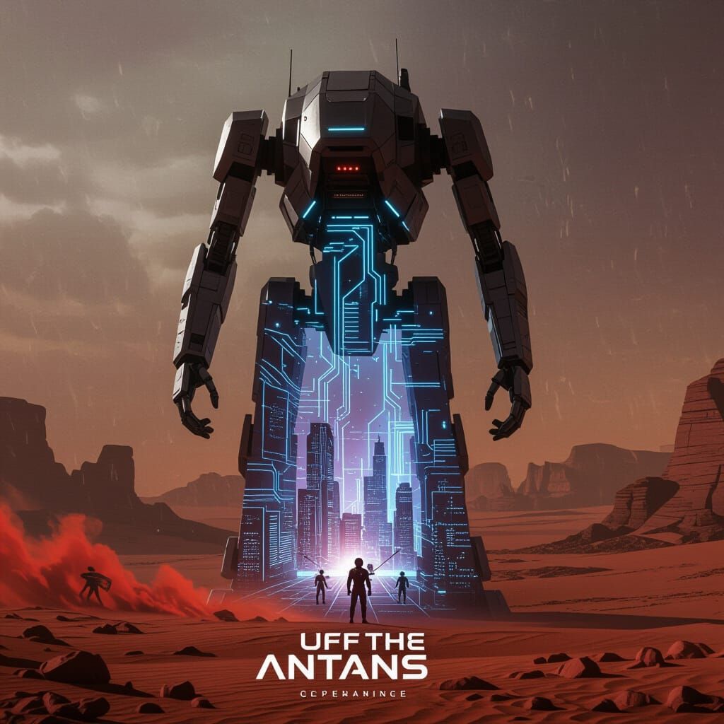 Autonomous Sentinel Walker Silhouette Over Microchip City