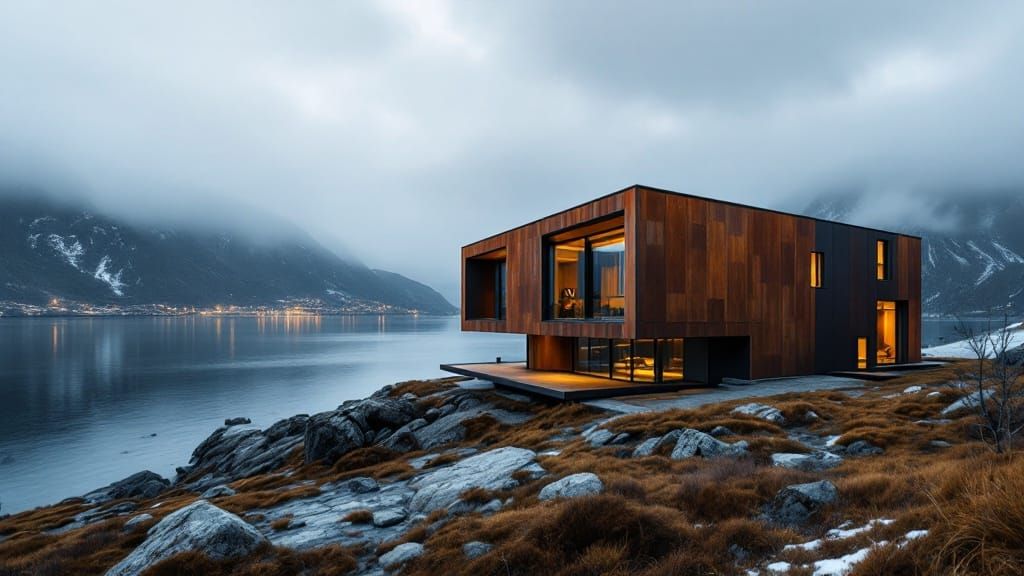 Surreal Nordic Architectural Marvel in a Misty Fjord Landsca...