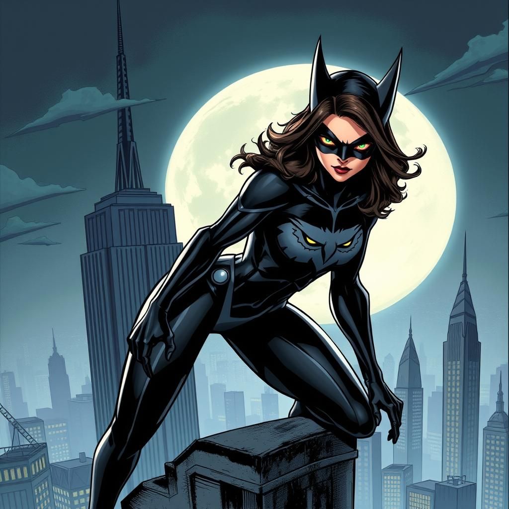 Masked Superheroine Watches Gothic City, Comic Book Style