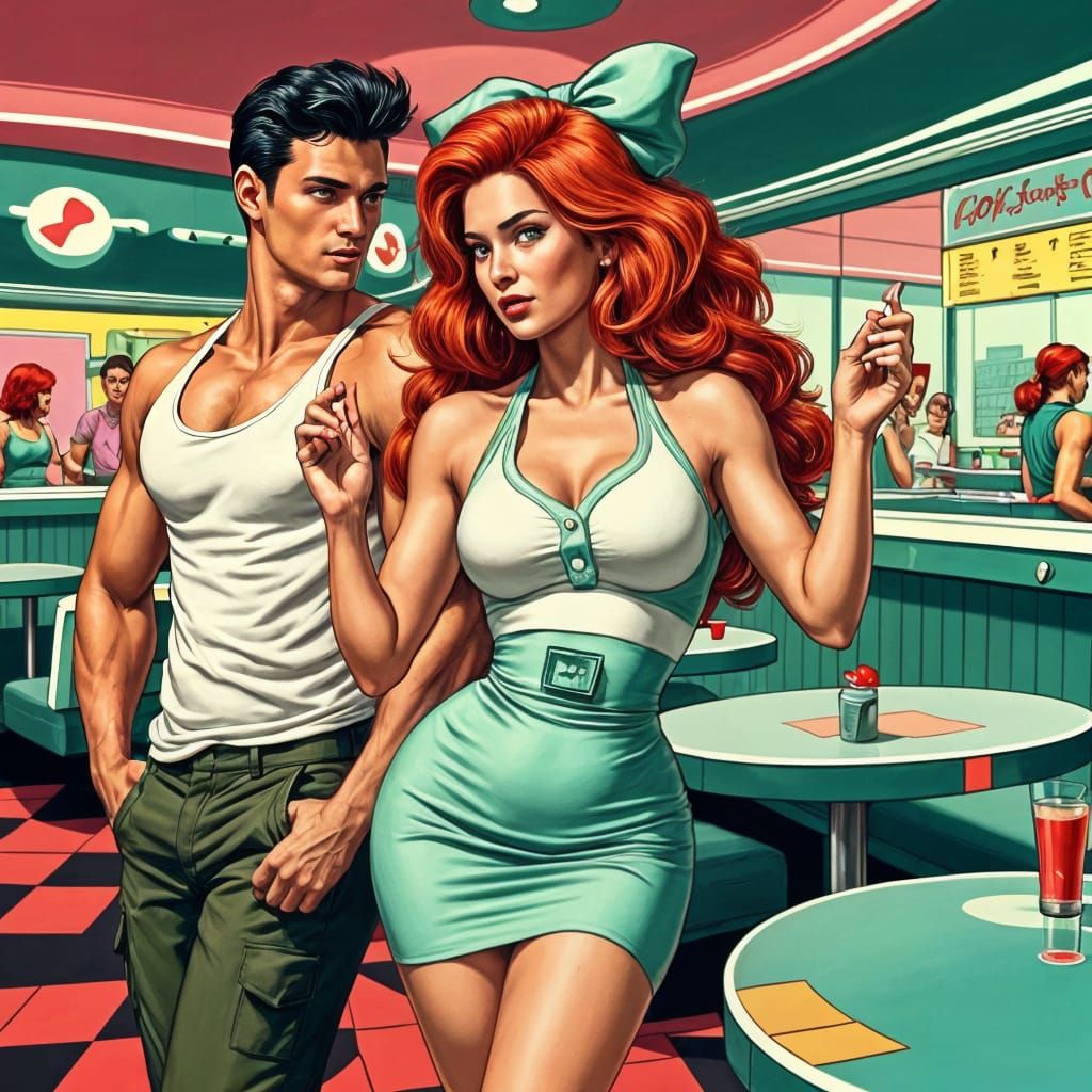 Romantic Retro Futuristic Diner Scene in Smooth Comic Book S...