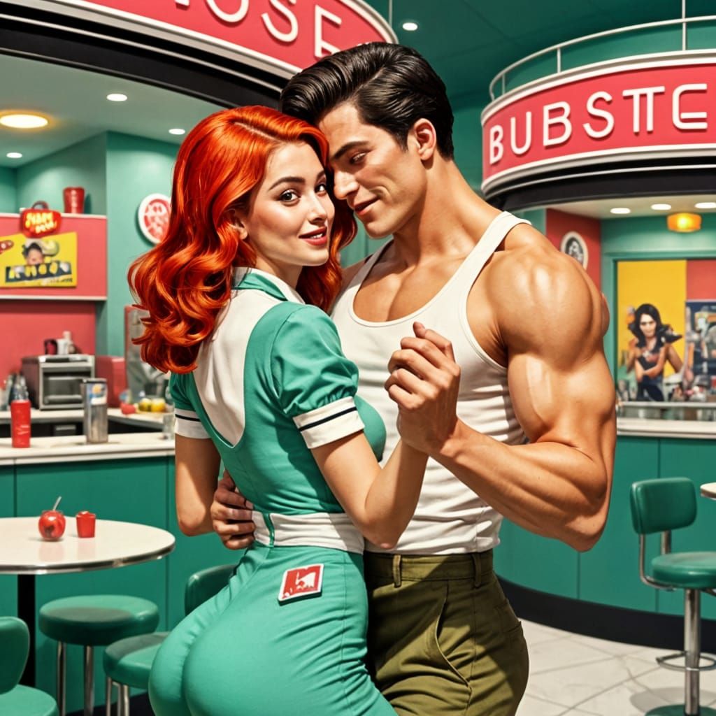Romantic Retro Futuristic Diner Scene in Cubist Style