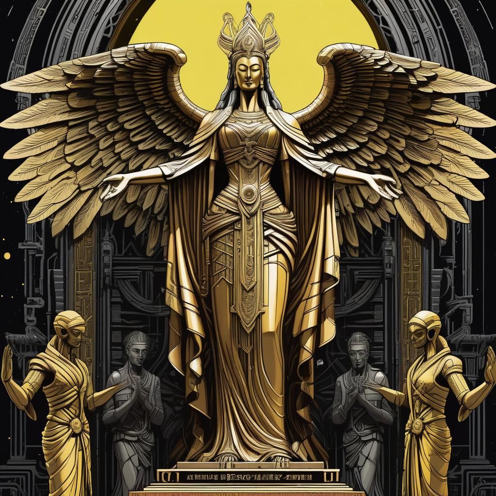 Monochromatic Statue of Divine Being in Cyberpunk Style