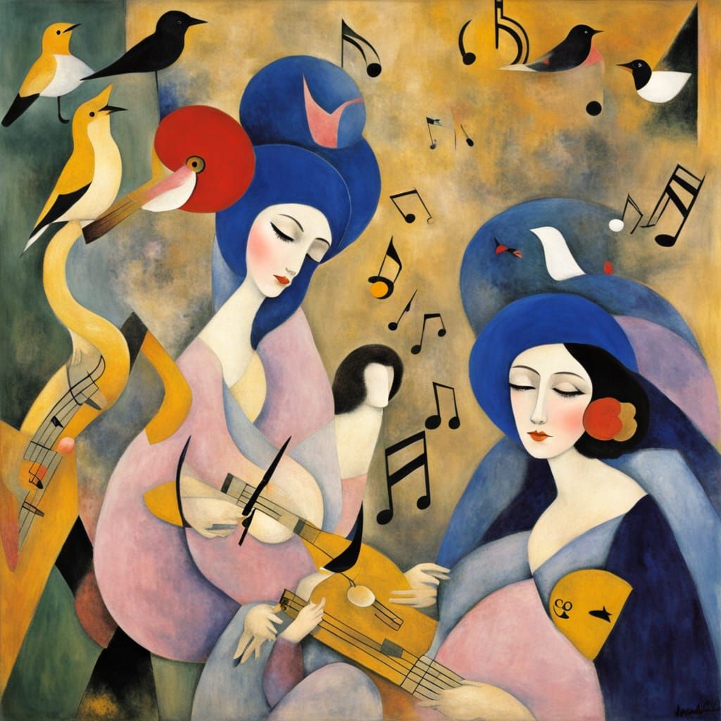 Vibrant Fusion of Birds and Music in an Art Nouveau Style