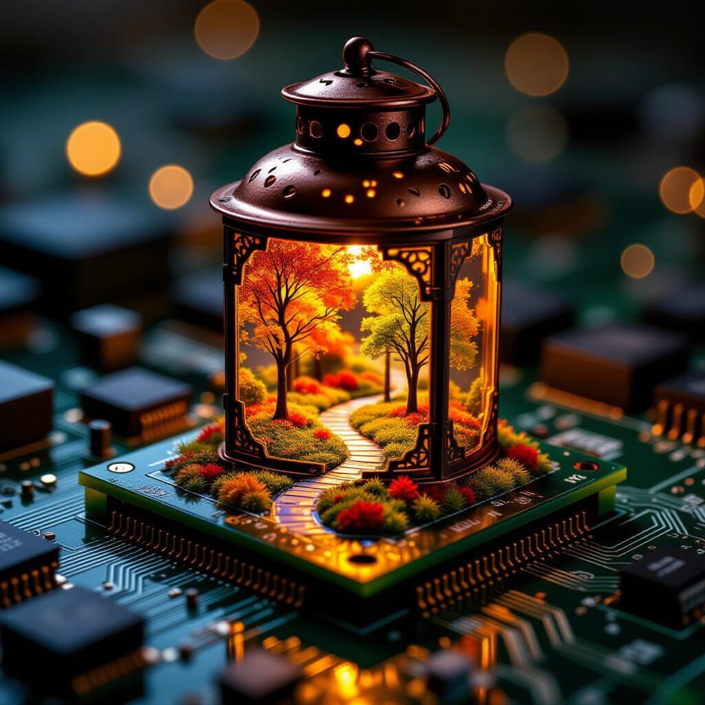 Macro Circuit Board with Antique Lantern and Fall Trees