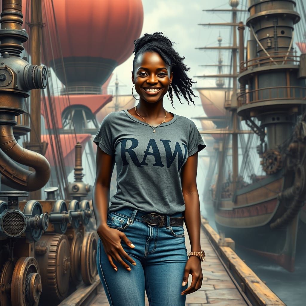 Steampunk Port Scene: Woman in Gothic Tee