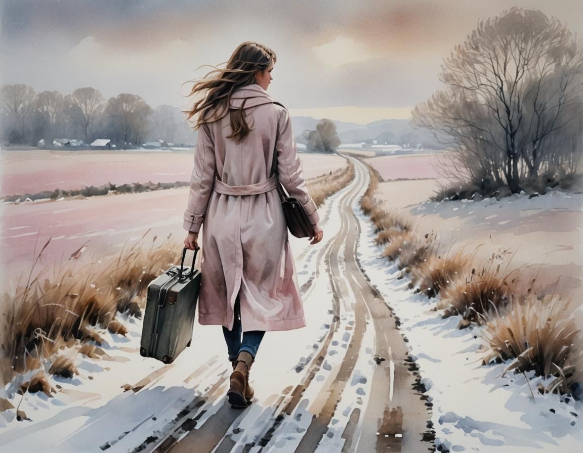 Dreamy Winter Watercolour Landscape with Serene Woman