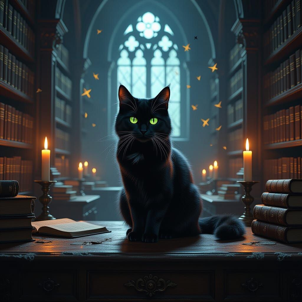 Mystical Cat in Gothic Library, Fantasy Art