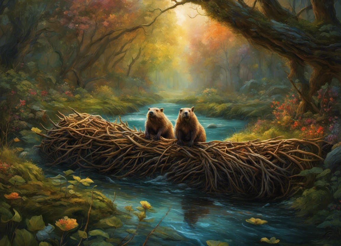 Detailed Beaver Dam in Stream: Fantasy Art