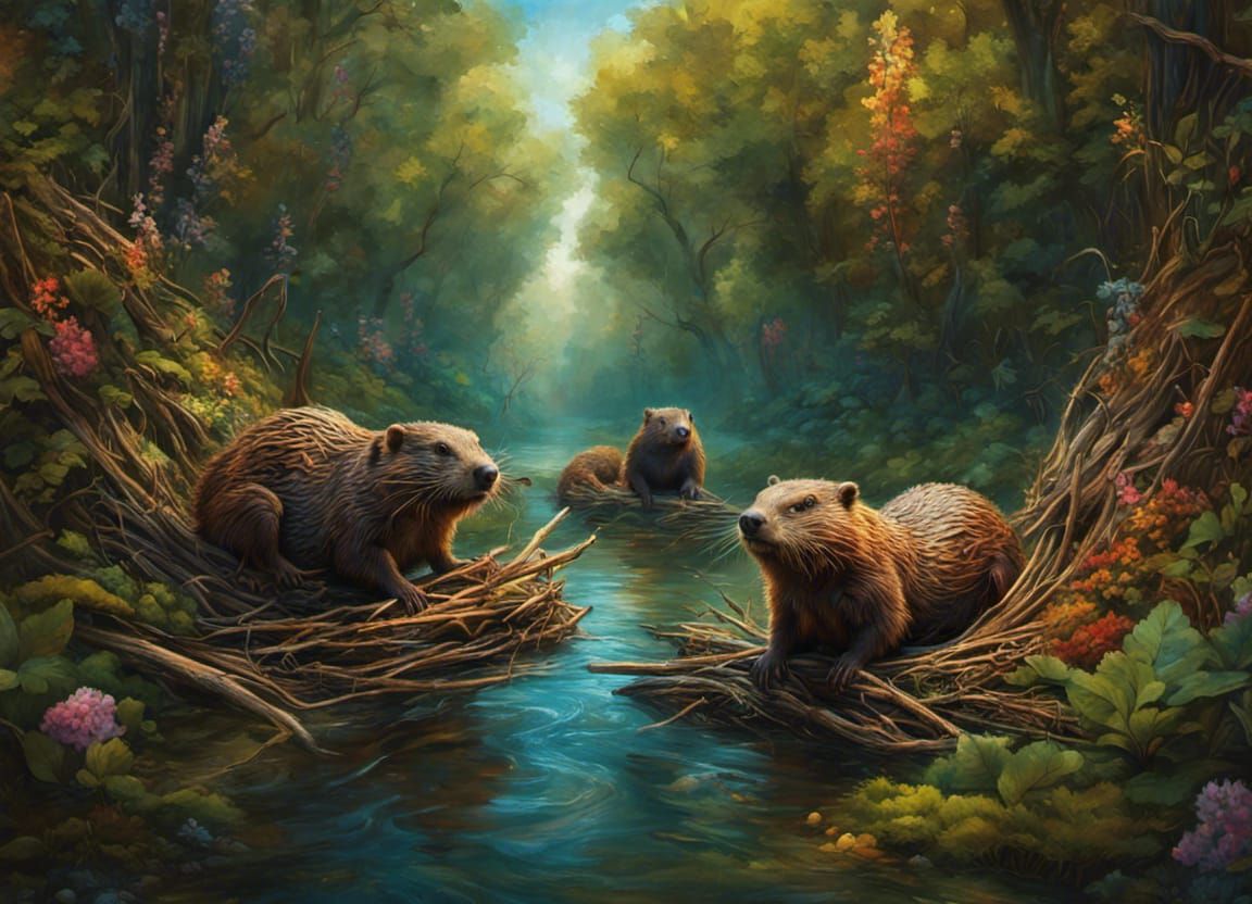 Detailed Beaver Dam in Stream: Fantasy Art