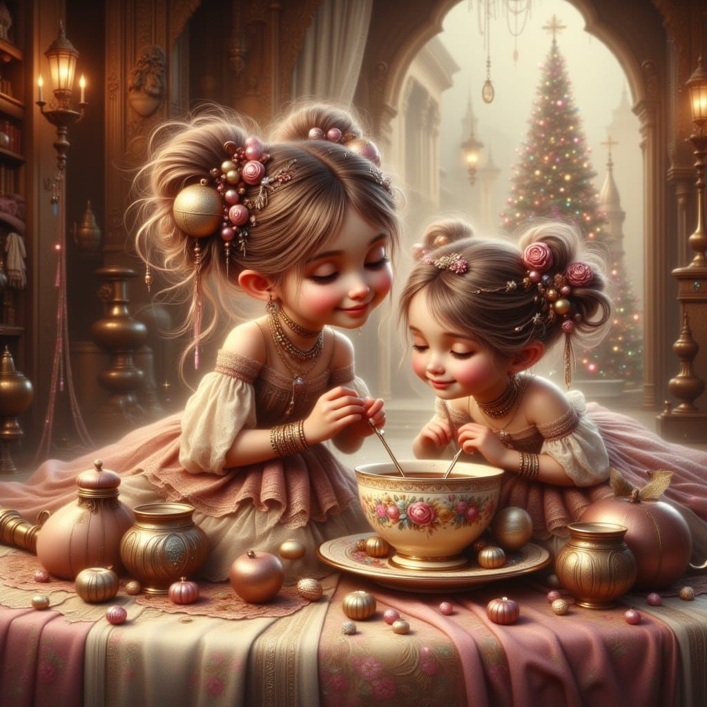Tiny Ladies Enjoy Hot Chocolate in Giant Teacup