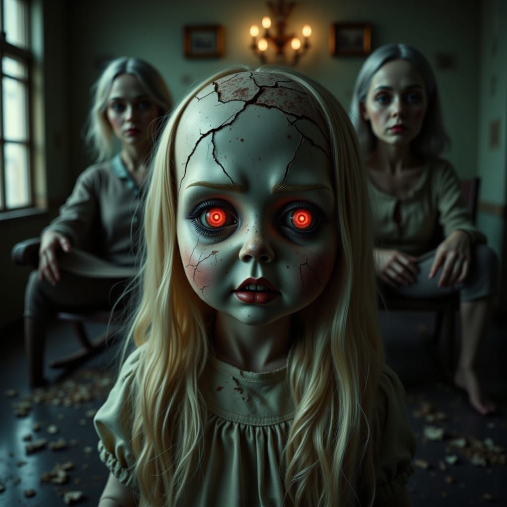 Haunted Doll with Cracked Head and Glowing Eyes