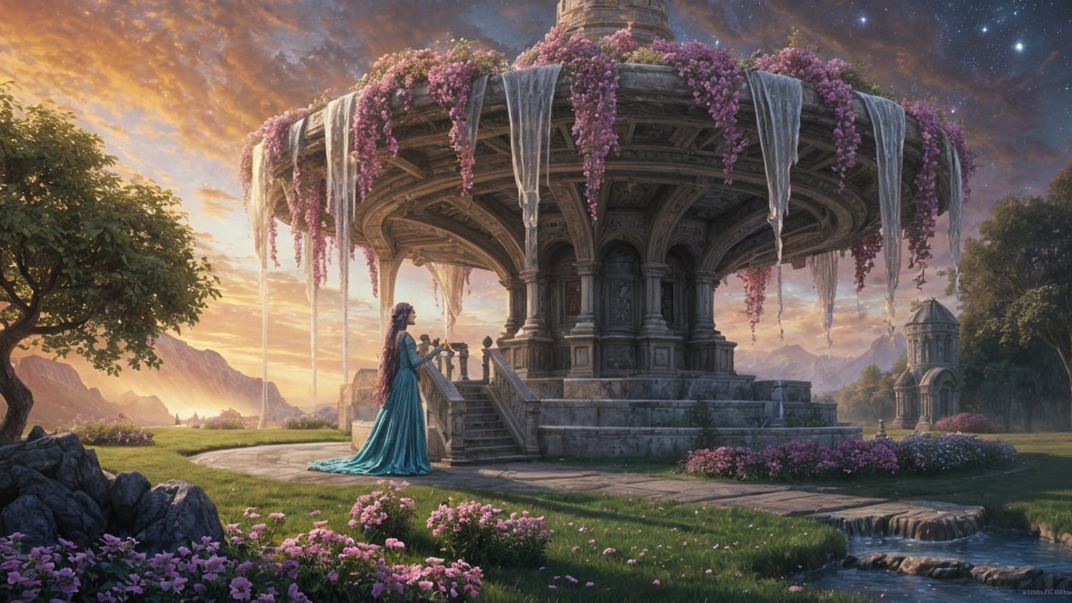 Purple Fountain in Dreamcore Landscape