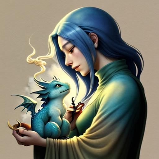 Concept art. Close-up. A young man's hand holds a small, wise-looking dragon, Puff, who is breathing a small flame to li...