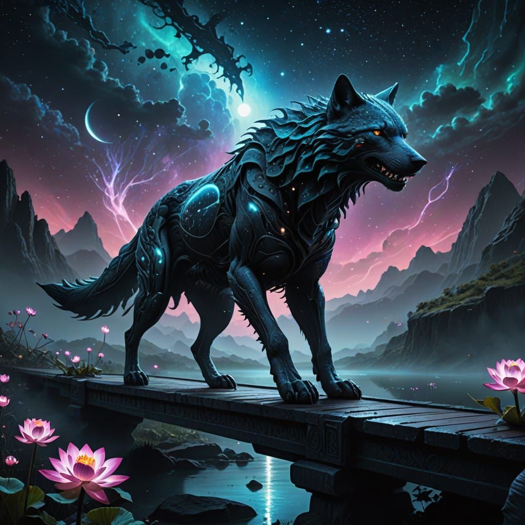 Surreal Cosmic Wolf Embarks on Starlit Odyssey