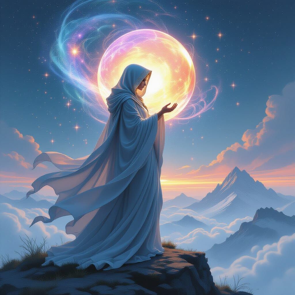 Celestial Goddess with Orb in Ethereal Cosmic Scene