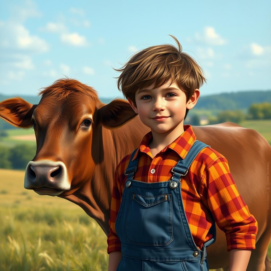 Boy Farmer with Cow in Hyper-Realistic Countryside