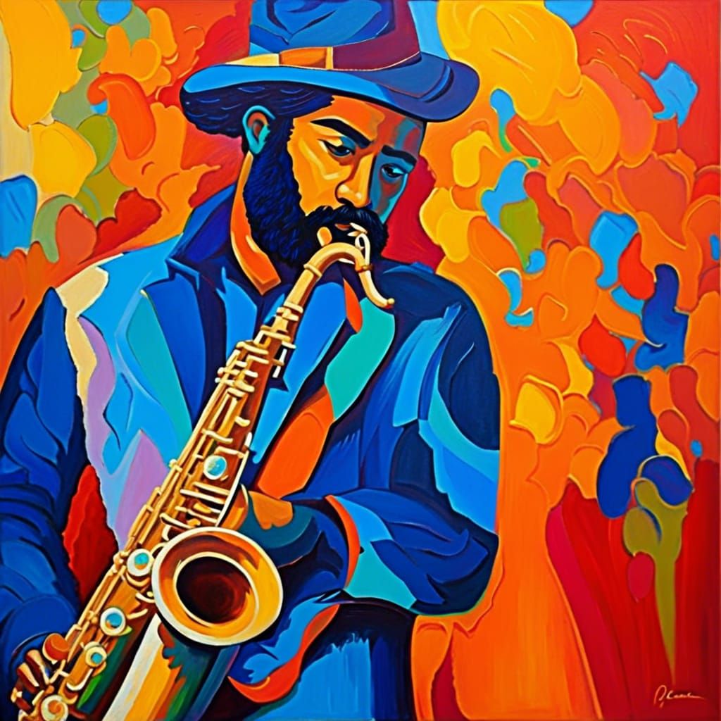 Saxophone Player's Solo in Expressionist Oil Painting