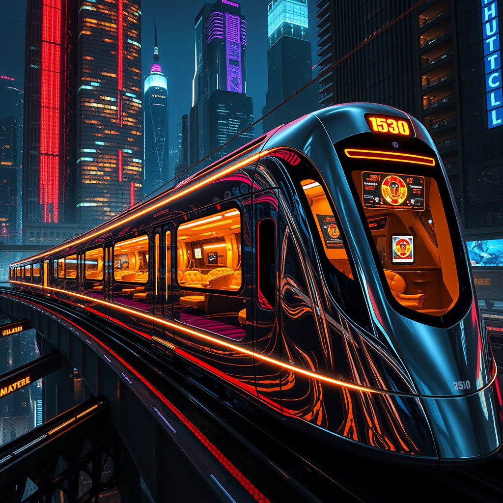 Futuristic Train Gliding Through Neon City at Night