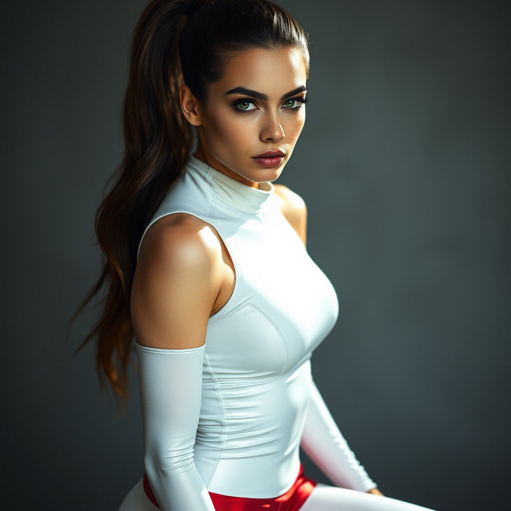 Sporty Brunette in White Lycra Spandex: Hyper-Realistic Fash...