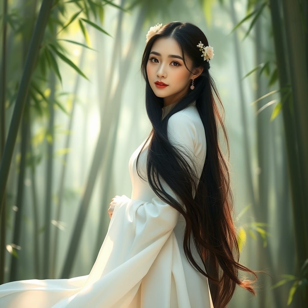 Vietnamese Woman in Misty Bamboo Forest