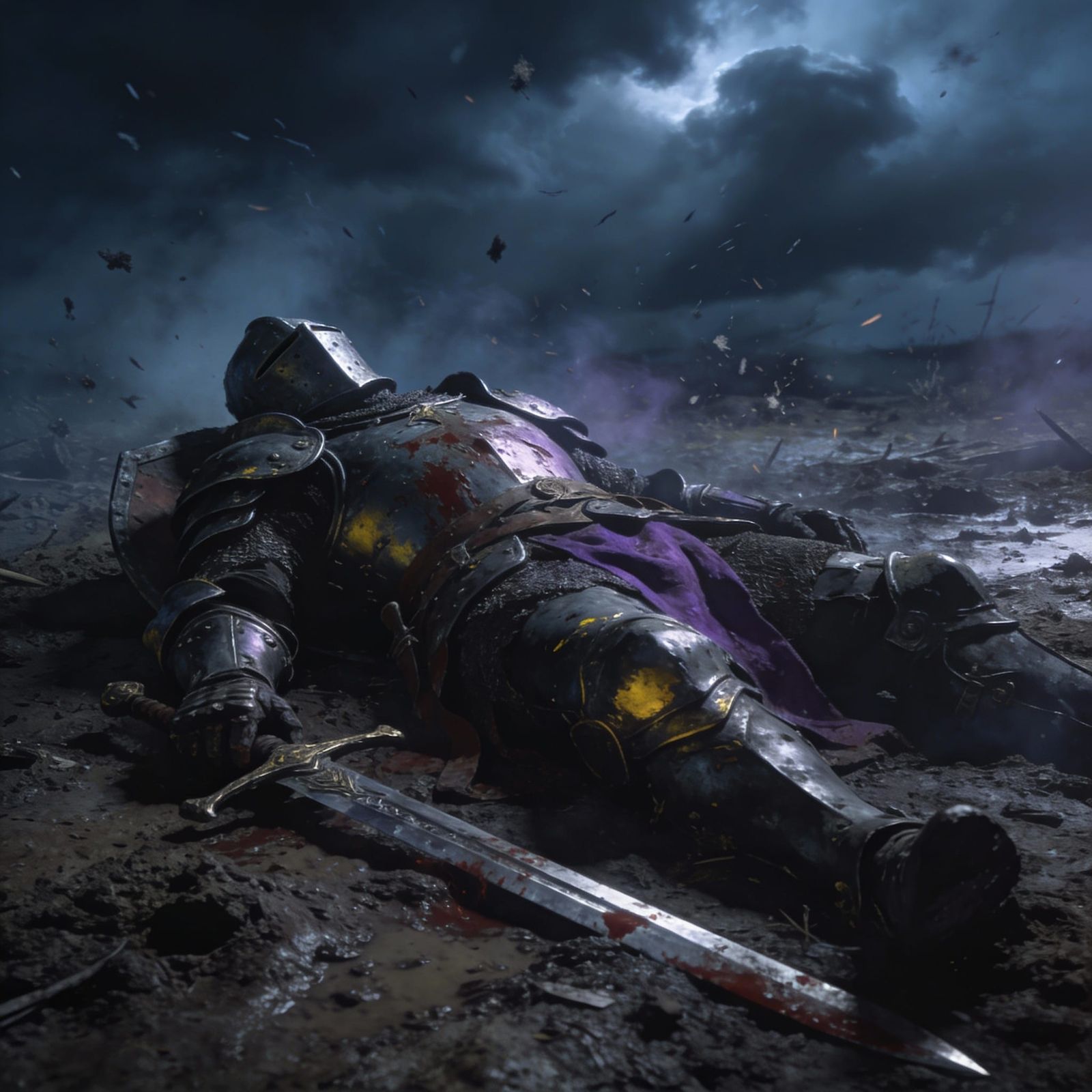 Fallen Knight on Desolate Battlefield in Grim Fantasy Style