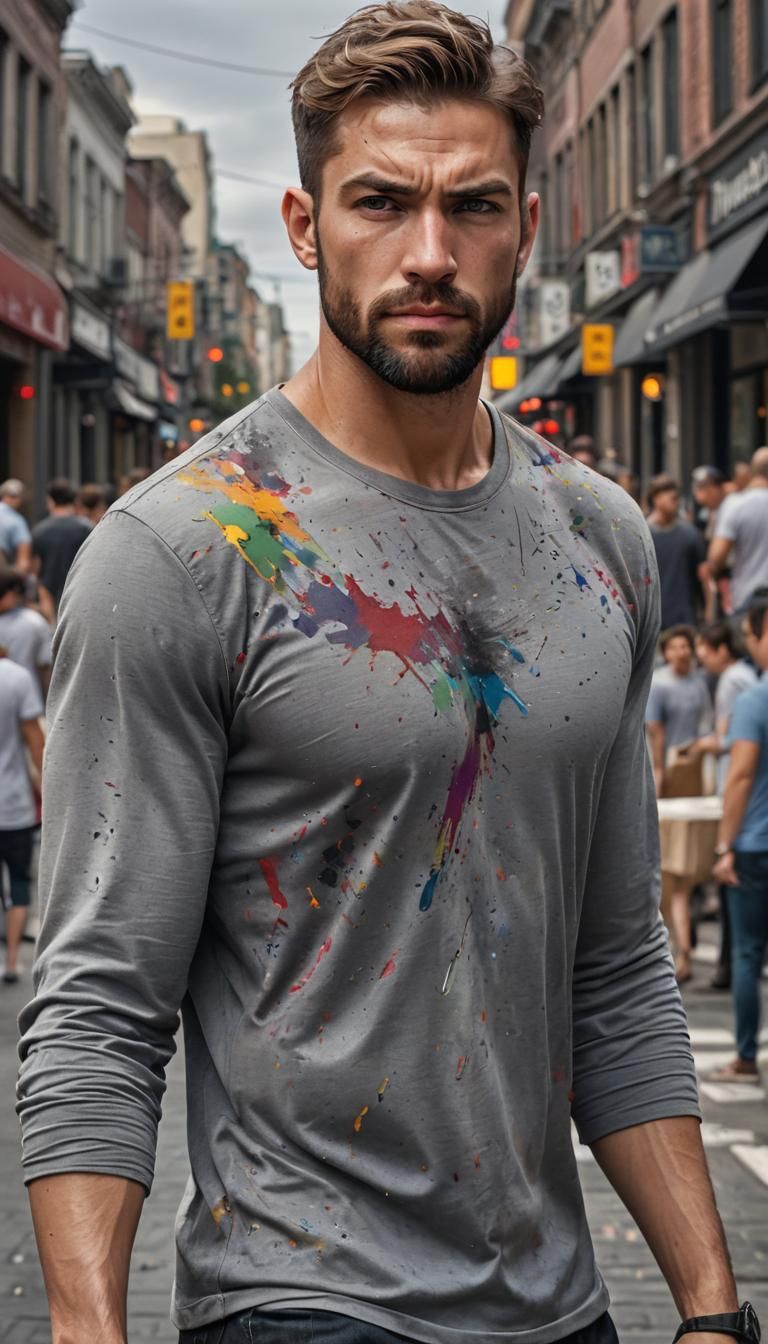 Muscular Man Walking in Town, Hyperrealistic Style