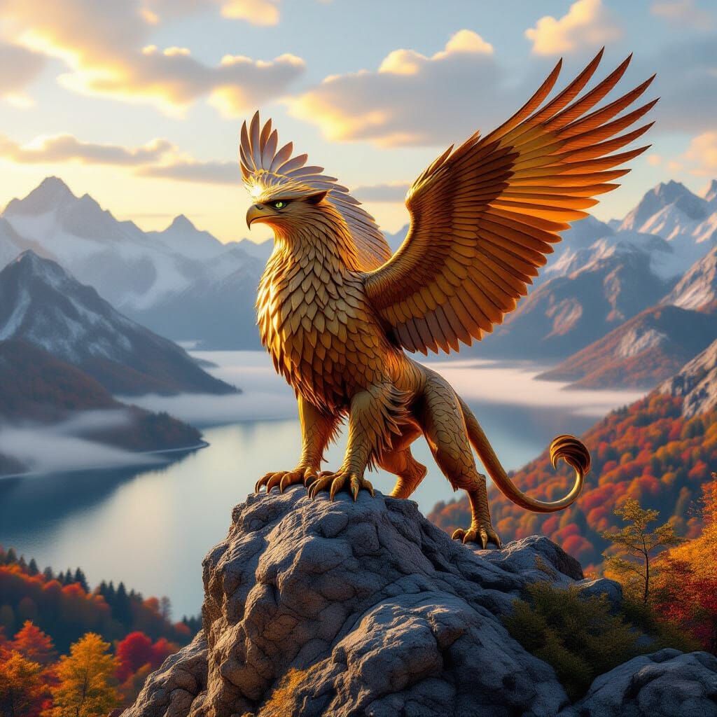 Majestic Griffin with Molten Gold Feathers Overlooking Lake