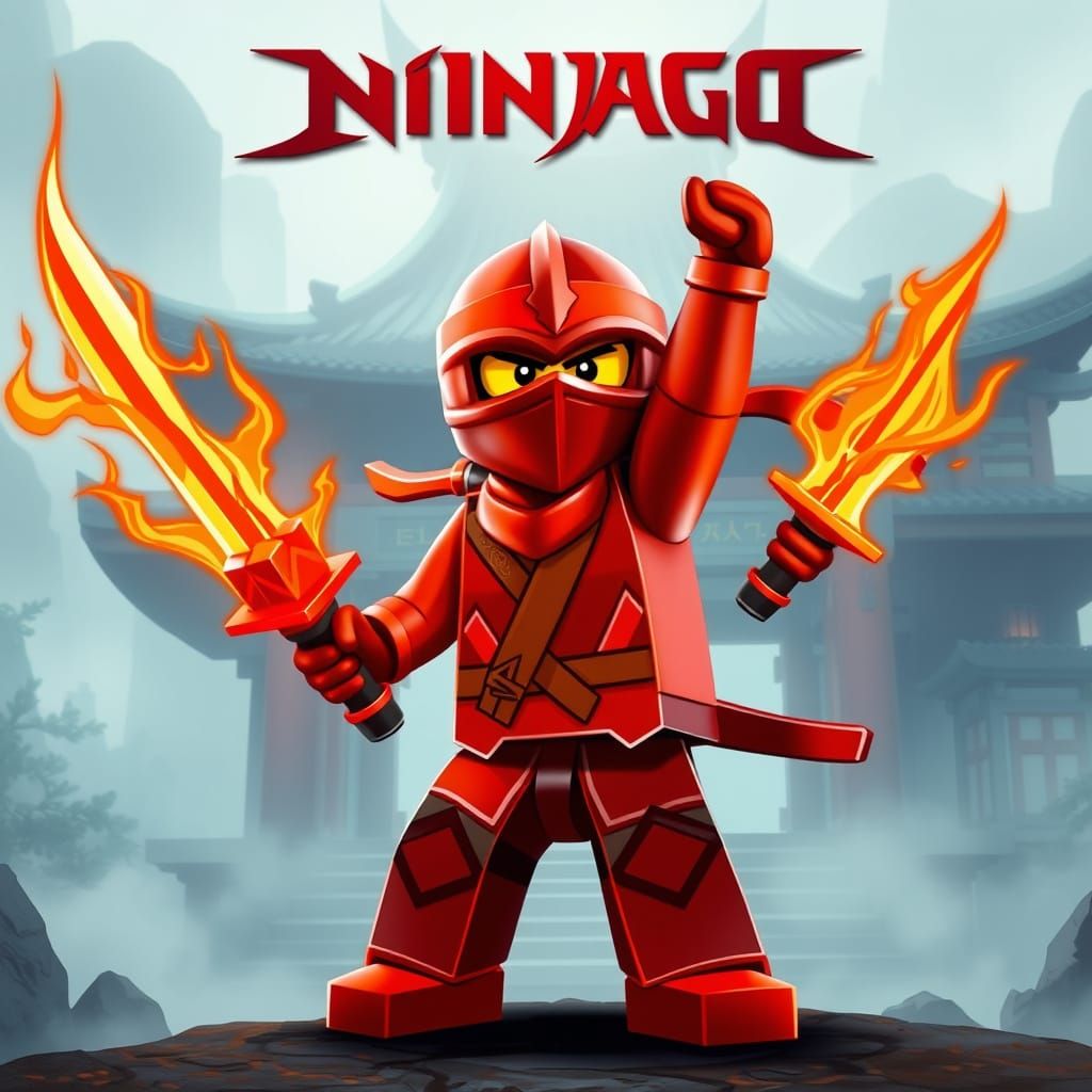 Red Ninja Master Stands Vigilant in Ancient Temple