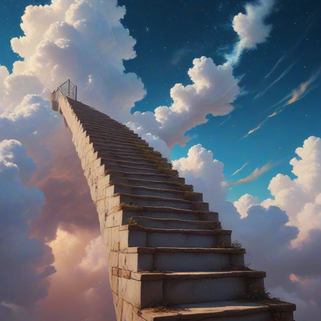 Dreamy Staircase to Another Dimension: Surreal Oil Painting