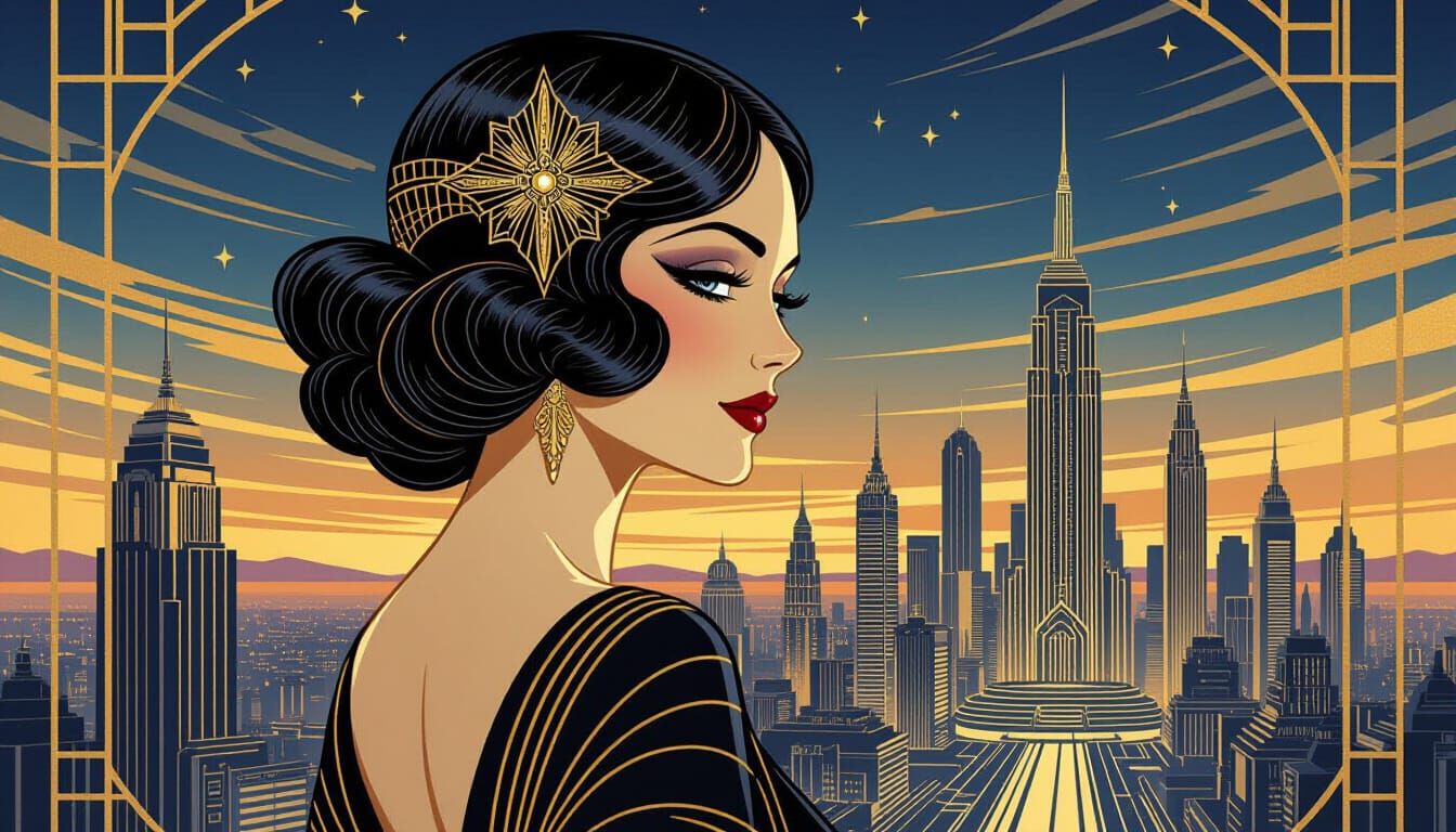 Glamorous Woman in Art Deco Style with Futuristic City Backd...