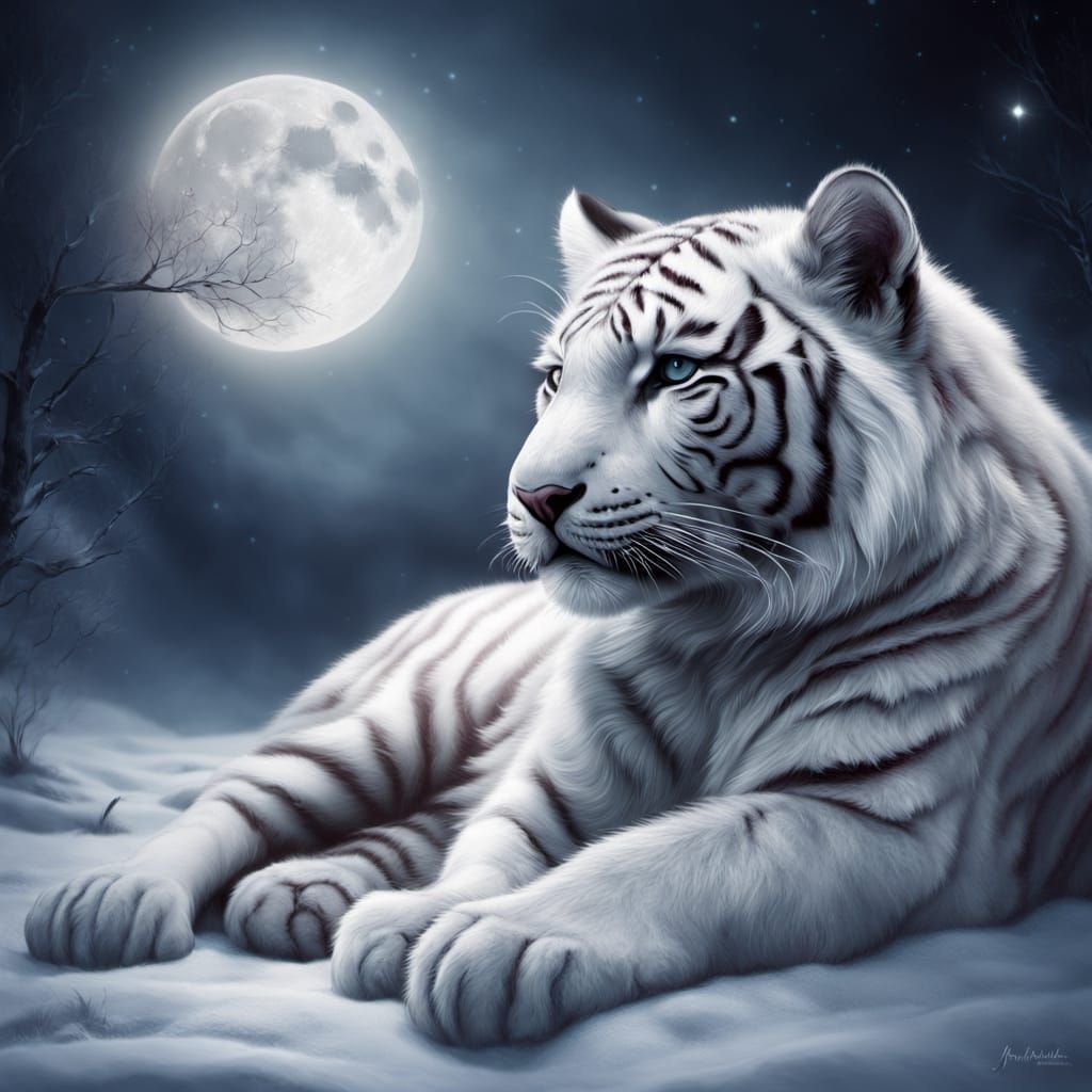 Ethereal White Tiger Cub Under Full Moon