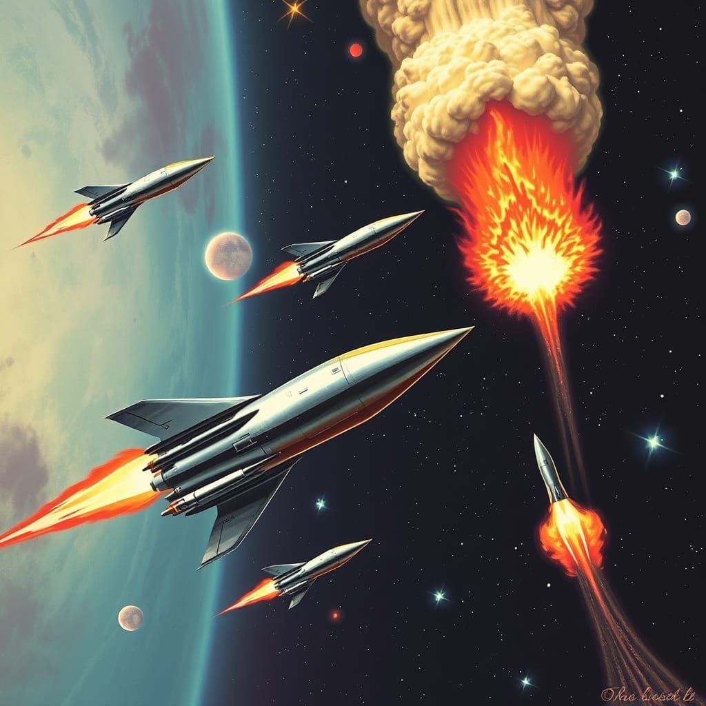 Rocket Ships Soaring Through Starry Galaxy