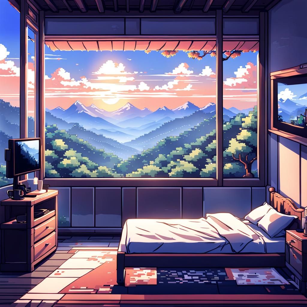 8-Bit Pixel Bedroom with Sunrise View