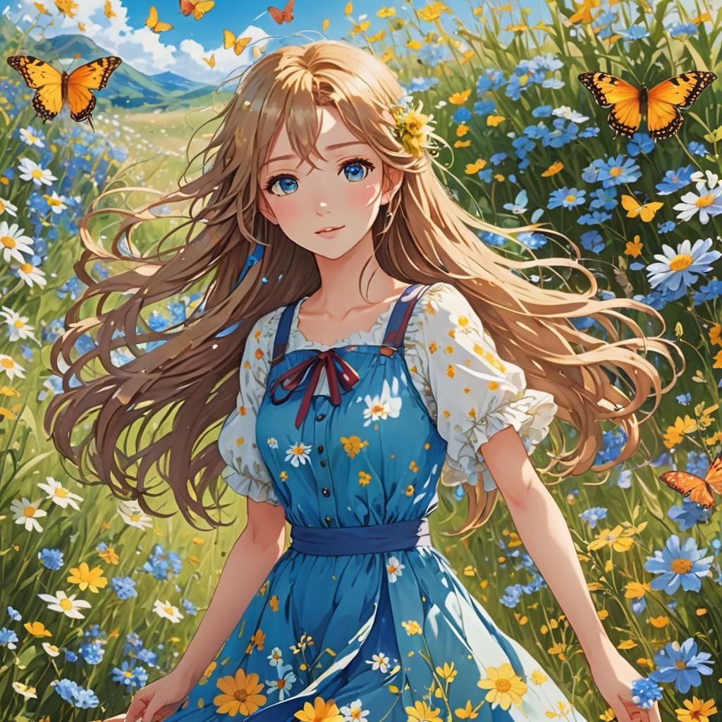 Enchanting Anime Girl in Summer Meadow